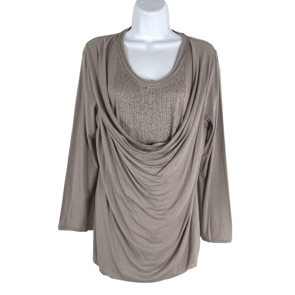 Soft Surroundings Top Medium Petite Beaded Taupe Rayon Blend‎ NWT TP-2380